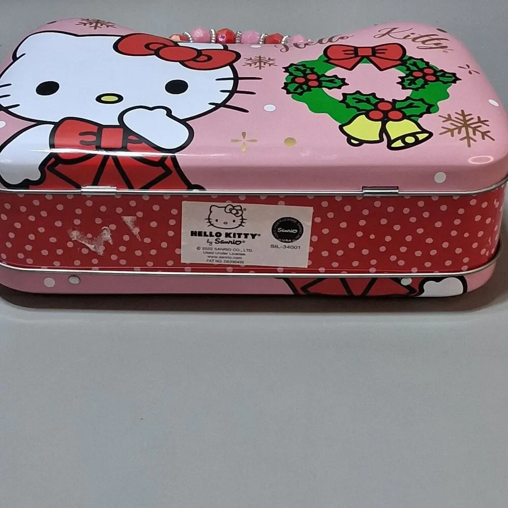 Hello Kitty Christmas Holiday Tin Purse Beaded Handle 2022 Sanrio Storage Box